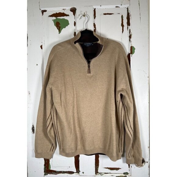 Hathaway Men Size L Tan 1/4 Zip Cotton Pullover Sweater Contrast Brown Topstitch - Picture 1 of 16